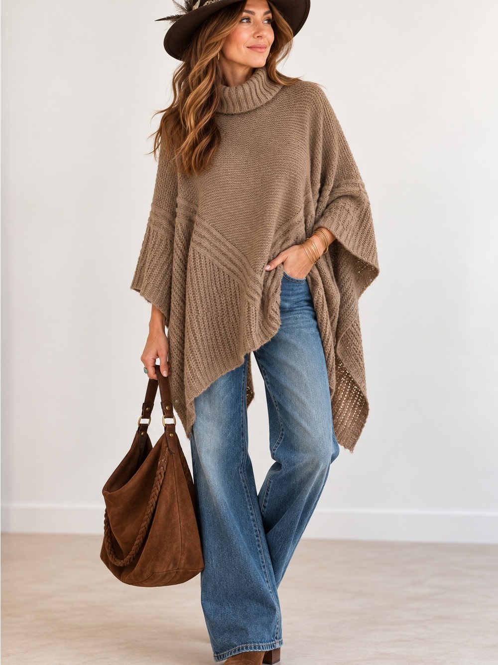 Sonoma Taupe Knit Turtleneck Poncho with Textured Panels